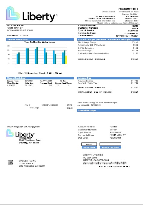 USA California Liberty Utilities business utility bill template in Word and PDF formats